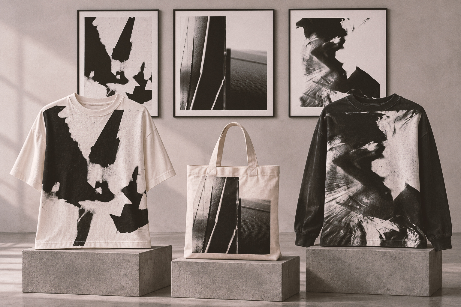 Monochrome Field garments, framed prints and objects