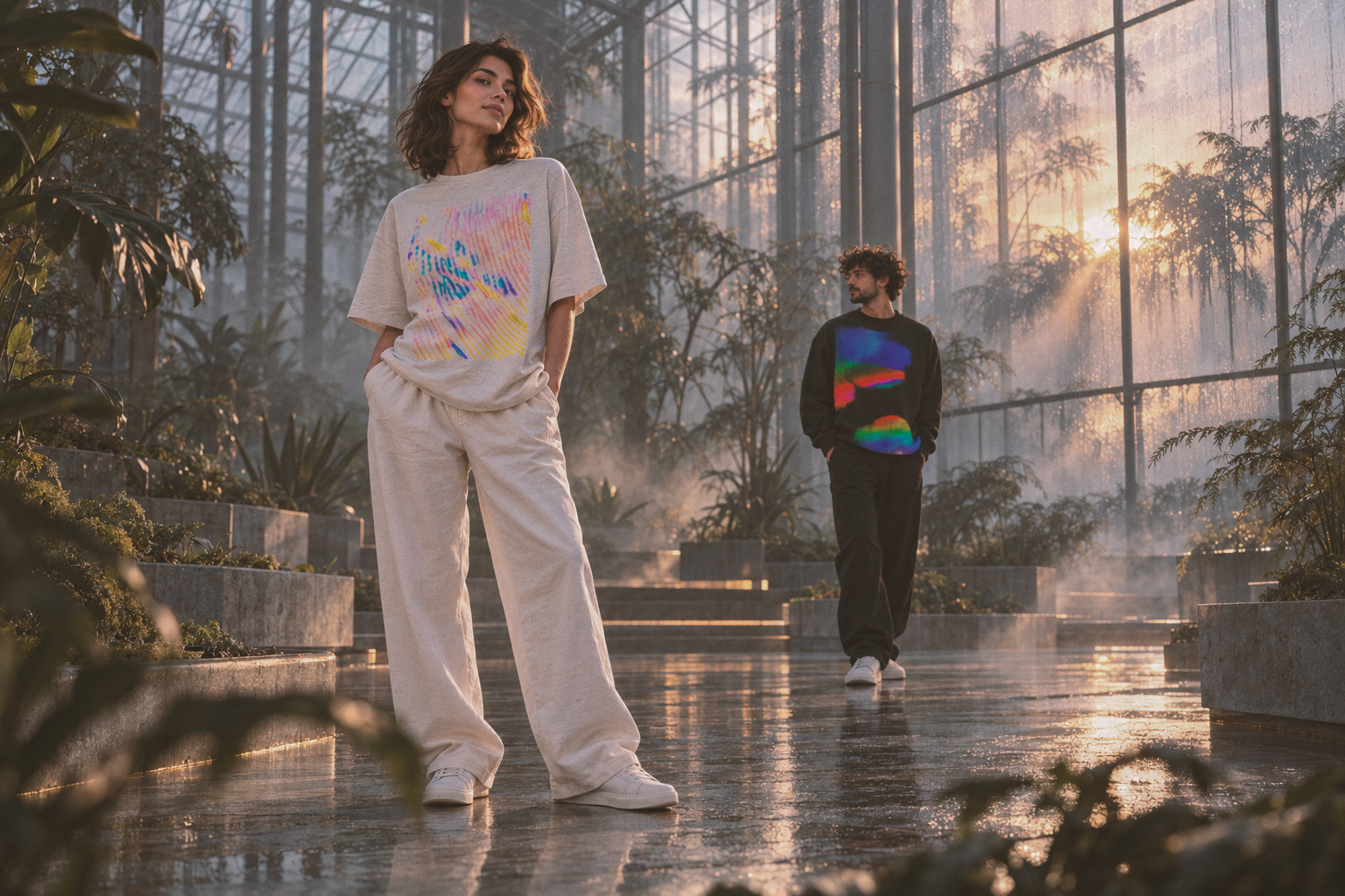 Soft Spectrum garments photographed in a glasshouse at dawn