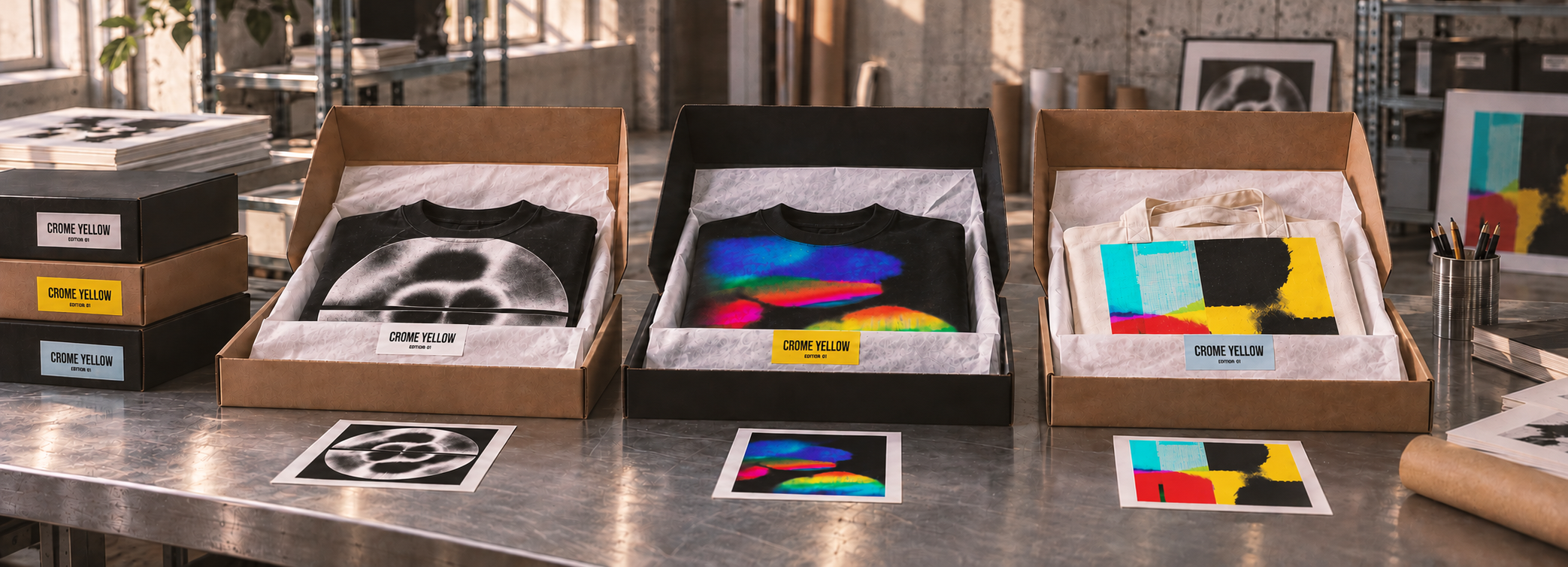 Crome Yellow Edition 01 packaging system with CY-0003, Soft Spectrum and CY-0007 garment editions